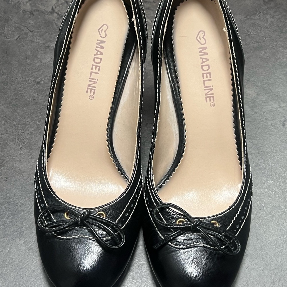 Madeline Black Leather Ballet Flats with Bow Trim